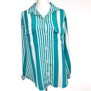 Teal White Striped Long Sleeve Blouse Partners Medium
